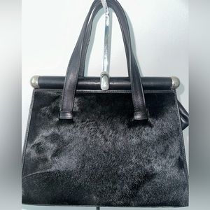 Vintage 80’s Handbag Retro Style Blk Leather Fur